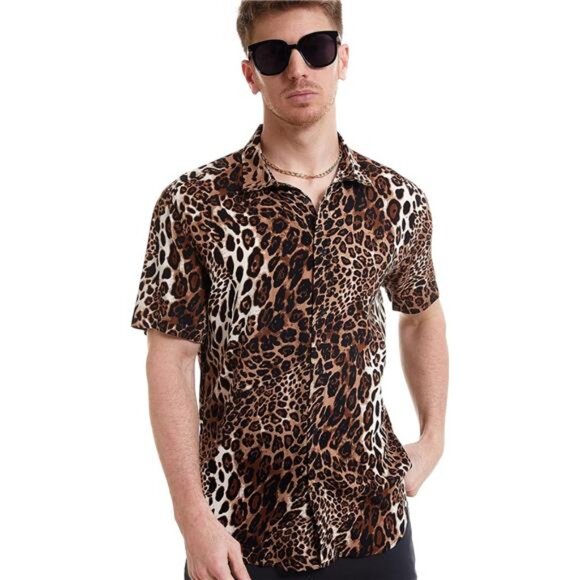 Men's Leopard Printed Disco Shirts Short Sleeve Button Down Casual Shirt - Picture 4 of 7
